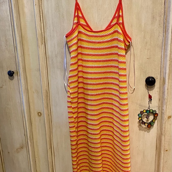 Zara Orange Yellow White Striped Crochet Knit Maxi Dress Size Medium - Picture 4 of 6